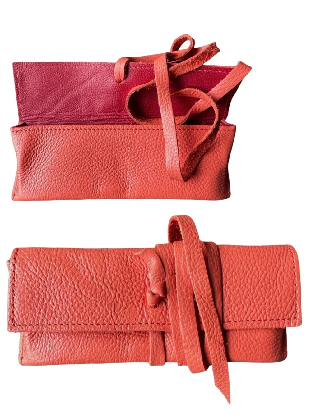 Manufactus Coral Pink Leather Makeup Brush Cosmetic Eyeglass Case Pouch Wrap Tie